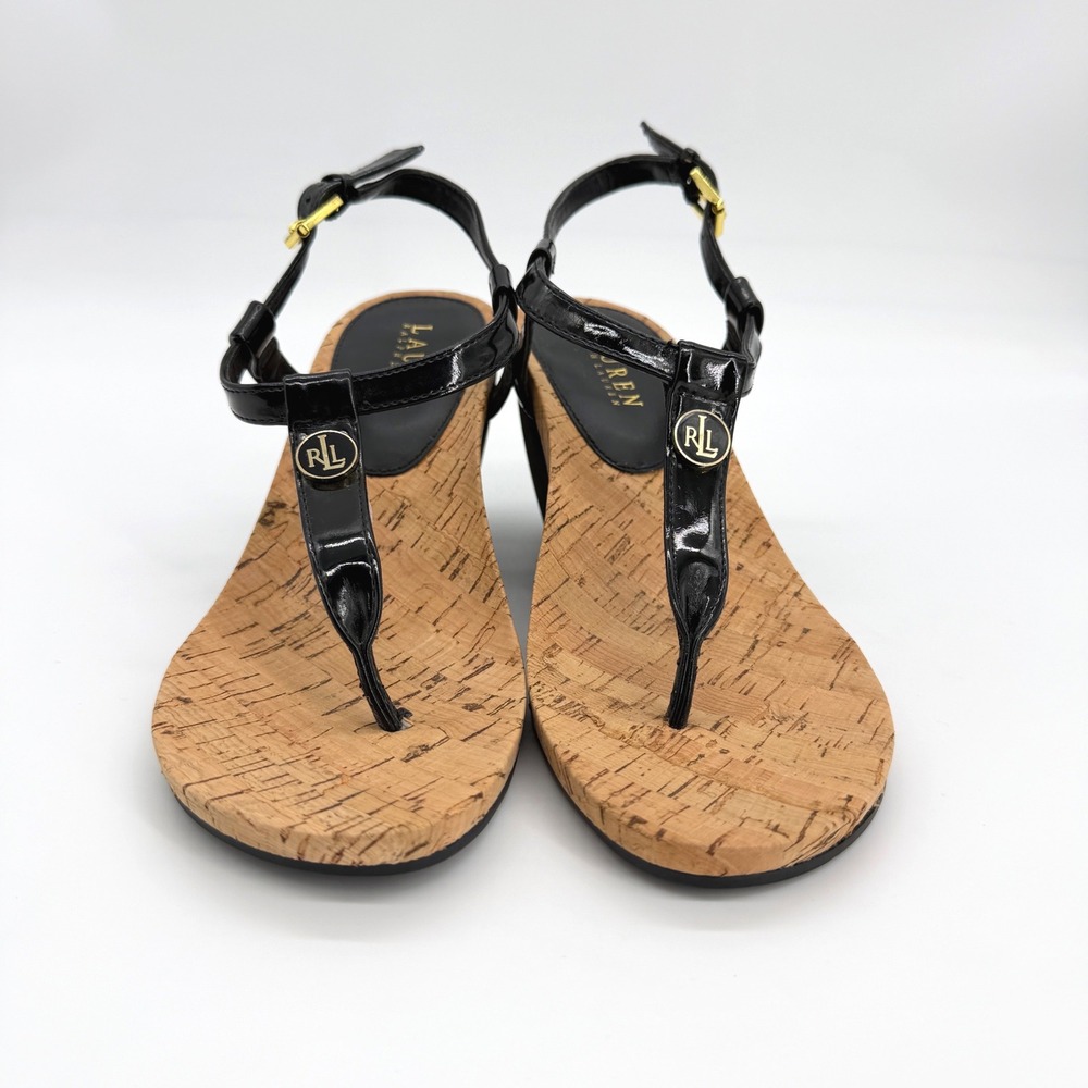 Lauren Ralph Lauren Reeta Size 7.5B Patent Cork Wedge Sandal Black Summer Chic